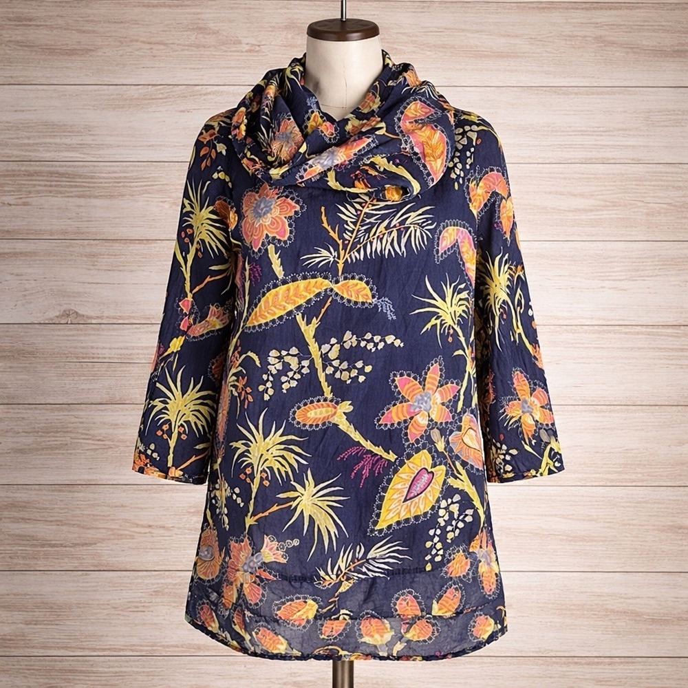 Gretchen Scott Blue Paisley Floral Cotton Voile Funnel Tunic Shirt S Tropical